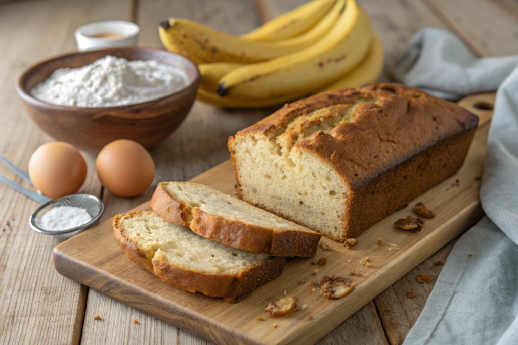 Freshly baked 3-ingredient banana bread sliced on a wooden board.