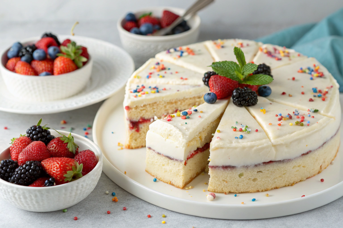 Moist and fluffy kefir sheet cake with fresh berries and cream frosting.